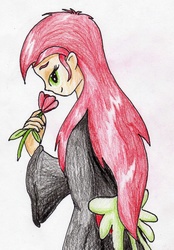 Size: 1542x2213 | Tagged: safe, artist:40kponyguy, derpibooru exclusive, roseluck, equestria girls, g4, female, flower, kimono (clothing), looking at you, looking back, solo, traditional art