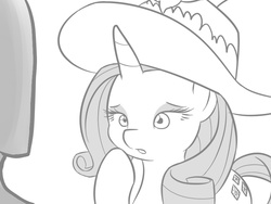 Size: 800x600 | Tagged: safe, artist:vulapa, rarity, oc, oc:anon, human, pony, g4, cyoa, cyoa:life in ponyville, disappointed, grayscale, hat, monochrome, sad, story included