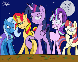 Size: 960x764 | Tagged: safe, artist:sagsaint, moondancer, starlight glimmer, sunset shimmer, trixie, twilight sparkle, alicorn, pony, unicorn, g4, counterparts, glorious master race, magical quintet, moon, run, twilight sparkle (alicorn), twilight's counterparts, unicorn master race