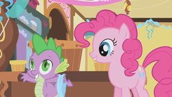 Size: 1280x720 | Tagged: safe, screencap, pinkie pie, spike, g4, griffon the brush off, blindfold