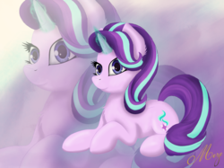 Size: 2732x2048 | Tagged: safe, artist:meze-diapason, starlight glimmer, pony, unicorn, g4, cute, female, glimmerbetes, high res, looking at you, lying down, magic, mare, signature, smiling, solo, zoom layer