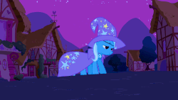 Size: 864x486 | Tagged: safe, screencap, trixie, pony, unicorn, g4, magic duel, season 3, animated, cape, clothes, cute, diatrixes, female, gif, hat, mare, night, open mouth, open smile, running, smiling, solo, trip, tripping, tripsie, trixie's cape, trixie's hat