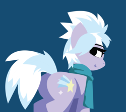 Size: 2842x2532 | Tagged: dead source, safe, artist:spaghetticen145, cloudchaser, pony, g4, blue background, butt, clothes, female, high res, looking back, minimalist, plot, scarf, simple background, solo, vector, wingless