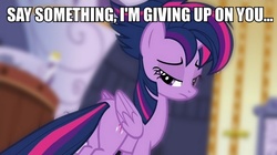 Size: 712x400 | Tagged: safe, edit, edited screencap, screencap, twilight sparkle, alicorn, pony, castle sweet castle, g4, a great big world, alternate hairstyle, christina aguilera, female, image macro, mare, meme, punklight sparkle, say something, song reference, text edit, twilight sparkle (alicorn)