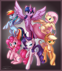 Size: 1053x1200 | Tagged: dead source, safe, artist:doekitty, applejack, fluttershy, pinkie pie, rainbow dash, rarity, twilight sparkle, alicorn, earth pony, pegasus, pony, unicorn, g4, applejack's hat, cowboy hat, eye clipping through hair, female, freckles, group, hat, horn, mane six, mare, open mouth, open smile, raised hoof, sextet, smiling, spread wings, twilight sparkle (alicorn), wings