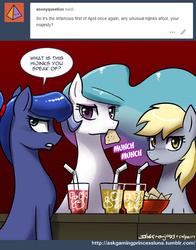Size: 650x831 | Tagged: safe, artist:johnjoseco, derpy hooves, princess celestia, princess luna, earth pony, pony, ask gaming princess luna, g4, april fools, ask, comic, missing accessory, race swap, royal sisters, tumblr, unamused, underp