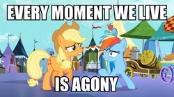 Size: 748x420 | Tagged: safe, edit, edited screencap, screencap, applejack, rainbow dash, earth pony, pegasus, pony, g4, the crystal empire, agony, caption, female, image macro, mare, meme, text