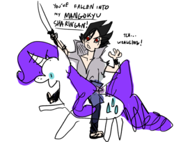 Size: 1280x1045 | Tagged: safe, artist:guoh, rarity, human, pony, unicorn, g4, crossover, dialogue, doodle, giddy up, ms paint, naruto, open mouth, raised hoof, riding, scribble, sharingan, simple background, sword, tch, uchiha sasuke, weapon, white background