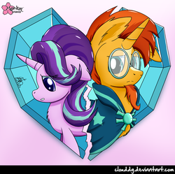 Size: 833x830 | Tagged: safe, artist:clouddg, starlight glimmer, sunburst, pony, unicorn, g4, the crystalling, cape, cloak, clothes, crystal heart, duo, female, glasses, goatee, male, mare, ship:starburst, shipping, signature, stallion, straight, sunburst's cloak, sunburst's glasses