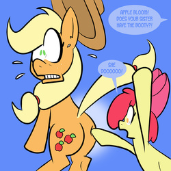 Size: 576x576 | Tagged: safe, artist:pembroke, apple bloom, applejack, earth pony, pony, g4, butt, butt touch, dialogue, do she got a booty, female, filly, foal, hoof on butt, mare, plot, simple background