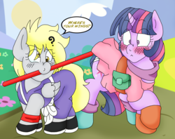 Size: 1981x1565 | Tagged: safe, artist:blackbewhite2k7, derpy hooves, twilight sparkle, g4, anime, bulma, confused, crossover, dragon ball, nyoi-bo, parody, son goku, younger