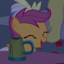 Size: 210x210 | Tagged: safe, screencap, scootaloo, pegasus, pony, g4, make new friends but keep discord, animated, clothes, cropped, cute, cutealoo, dress, eyes closed, female, filly, foal, gala dress, laughing, mug, solo focus
