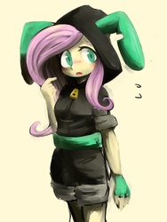 Size: 1024x1365 | Tagged: dead source, safe, artist:niwano_kei, fluttershy, equestria girls, g4, blushing, bunny ears, clothes, costume, dangerous mission outfit, female, fingerless gloves, gloves, goggles, hoodie, solo