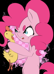 Size: 835x1147 | Tagged: safe, artist:jonathan the awesome, derpibooru exclusive, pinkie pie, g4, angry, beanbrows, eyebrows, fangs, female, rubber chicken, scrunchy face, solo