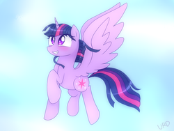 Size: 800x600 | Tagged: dead source, safe, artist:ultrard, twilight sparkle, alicorn, pony, g4, blushing, colored pupils, cute, female, flying, looking up, mare, raised hoof, smiling, solo, starry eyes, twiabetes, twilight sparkle (alicorn), wingding eyes