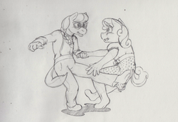 Size: 1280x883 | Tagged: safe, artist:askhoopsanddumbbell, artist:kegisak, silver spoon, sweetie belle, anthro, unguligrade anthro, g4, clothes, crossdressing, dancing, dress, female, hoers, holding hands, hoof feet, lesbian, lindy hop, misleading thumbnail, polka dots, ship:silverbelle, shipping, swing