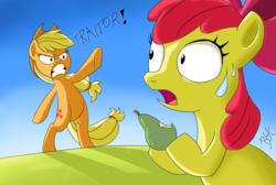 Size: 1500x1007 | Tagged: safe, artist:bgf, apple bloom, applejack, g4, angry, caught, dishonorapple, fear, fn-2199, food, grass, herbivore, hilarious in hindsight, pear, pearesy, spoilers for another series, standing, star wars, star wars: the force awakens, surprised, sweat, sweatdrop, that pony sure does hate pears, tr-8r, traitor