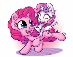 Size: 1400x1100 | Tagged: safe, artist:bobdude0, pinkie pie, sweetie belle, earth pony, pony, unicorn, g4, blushing, cute, diapinkes, diasweetes, eyes closed, female, filly, mare, open mouth, ponies riding ponies, riding