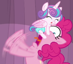 Size: 328x288 | Tagged: safe, screencap, pinkie pie, princess flurry heart, g4, the crystalling, frightened, happy, princess facehugger, scared, screaming, shocked, tongue out, yelling