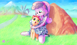 Size: 1920x1136 | Tagged: safe, artist:halem1991, apple bloom, sweetie belle, earth pony, pony, equestria girls, g4, adorabloom, blushing, clothes, cute, diasweetes, dress, dressup, duo, halem1991 is trying to murder us, holding a pony, looking at each other, shoes, sitting, skirt, skirt lift
