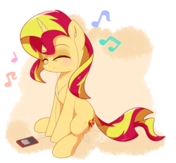 Size: 1594x1471 | Tagged: safe, artist:puetsua, sunset shimmer, pony, unicorn, g4, cute, earbuds, eyes closed, female, mare, mp3 player, shimmerbetes, sitting, solo