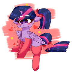 Size: 1024x973 | Tagged: safe, artist:charjelly, twilight sparkle, alicorn, pony, g4, alternate hairstyle, blushing, clothes, female, floppy ears, hair bow, mare, ponytail, socks, solo, tail bow, twilight sparkle (alicorn)