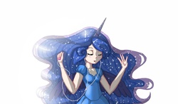 Size: 1280x750 | Tagged: safe, artist:161141, princess luna, human, g4, clothes, dress, eyes closed, female, horn, horned humanization, humanized, listening, mp3 player, simple background, solo, winged humanization