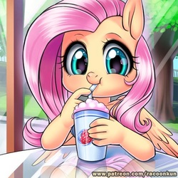 Size: 500x500 | Tagged: safe, artist:racoonsan, fluttershy, pegasus, anthro, g4, clothes, cute, dress, drinking, drinking straw, female, food, milkshake, patreon, shyabetes, solo, weapons-grade cute