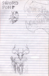 Size: 1017x1577 | Tagged: safe, artist:wisdom-thumbs, deer, dragon, griffon, antlers, axe, bow (weapon), bow and arrow, lined paper, monochrome, pencil drawing, sketch, skull, swordpony, traditional art, weapon