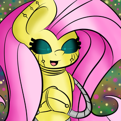 Size: 2000x2000 | Tagged: safe, artist:psicarii, fluttershy, pony, robot, robot pony, g4, bust, female, flutterbot, high res, hooves together, open mouth, solo