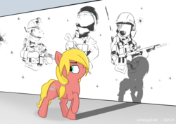 Size: 1024x724 | Tagged: safe, artist:wonkysole, oc, oc only, oc:cinnamon swirl, bullet hole, graffiti, military, raised hoof, soldier, solo, wall