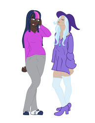 Size: 1019x1318 | Tagged: safe, artist:twodaystoolate, trixie, twilight sparkle, human, g4, blushing, dark skin, female, humanized, lesbian, ship:twixie, shipping