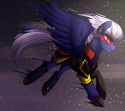Size: 1024x909 | Tagged: safe, artist:orfartina, night glider, g4, clothes, female, flying, night, red eyes, solo