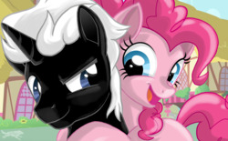 Size: 4080x2534 | Tagged: safe, artist:lostinthetrees, pinkie pie, oc, oc:ben herrin, g4, hug, raised eyebrow