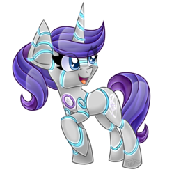 Size: 4000x4000 | Tagged: safe, artist:partypievt, oc, oc only, oc:raribot, pony, robot, robot pony, unicorn, alternate hairstyle, cutie mark, female, glowing, hooves, horn, mare, open mouth, ponytail, raised hoof, raribot, simple background, solo, transparent background