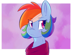 Size: 1024x782 | Tagged: dead source, safe, artist:shiny-cooler, rainbow dash, g4, abstract background, alternate hairstyle, blushing, bust, clothes, female, looking away, portrait, scarf, solo