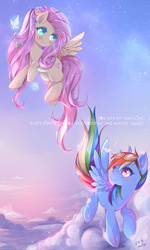 Size: 1450x2413 | Tagged: safe, artist:odaefnyo, fluttershy, rainbow dash, butterfly, pony, g4, beautiful, blushing, cloud, duo, duo female, eye contact, female, flower, flower in hair, flying, goggles, heart, heart eyes, lesbian, looking at each other, mare, phone wallpaper, ship:flutterdash, shipping, signature, sky, smiling, spread wings, stars, text, wingding eyes