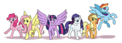 Size: 1023x364 | Tagged: safe, artist:robbiecave, applejack, fluttershy, pinkie pie, rainbow dash, rarity, twilight sparkle, alicorn, pony, g4, female, mane six, mare, simple background, twilight sparkle (alicorn)