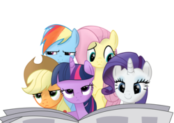 Size: 3973x2806 | Tagged: safe, artist:kehrminator, applejack, fluttershy, rainbow dash, rarity, twilight sparkle, alicorn, earth pony, pegasus, pony, unicorn, g4, the one where pinkie pie knows, eyebrows, eyeshadow, female, frown, high res, horn, lidded eyes, makeup, mare, newspaper, raised eyebrow, simple background, smiling, transparent background, twilight sparkle (alicorn), unamused, vector