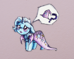 Size: 1016x808 | Tagged: safe, artist:buttersprinkle, trixie, pony, unicorn, g4, blushing, cloak, clothes, cute, diatrixes, female, filly, filly trixie, floppy ears, hatless, missing accessory, open mouth, puppy dog eyes, question mark, sad, sad pony, solo, speech bubble, traditional art, trixie's cape, trixie's hat, young, younger