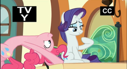 Size: 2521x1377 | Tagged: safe, screencap, pinkie pie, rarity, g4, the gift of the maud pie, backbend, flexible, train, tv rating, tv-y