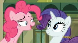 Size: 1671x929 | Tagged: safe, screencap, pinkie pie, rarity, g4, the gift of the maud pie, discovery family logo