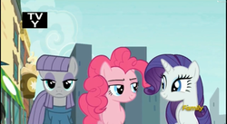 Size: 2529x1385 | Tagged: safe, screencap, maud pie, pinkie pie, rarity, g4, the gift of the maud pie, discovery family logo, manehattan