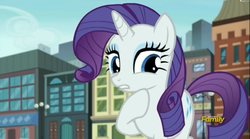 Size: 2505x1393 | Tagged: safe, screencap, rarity, pony, unicorn, g4, the gift of the maud pie, architecture, building, discovery family logo, female, manehattan, mare, solo