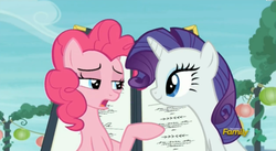 Size: 2481x1361 | Tagged: safe, screencap, pinkie pie, rarity, g4, the gift of the maud pie, discovery family logo, menu, pointing