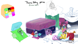 Size: 5000x2812 | Tagged: safe, artist:brainflowcrash, artist:living_dead, artist:strangersaurus, artist:vital_mender, applejack, fluttershy, rarity, twilight sparkle, pony, g4, baby, baby pony, collaboration, diaper, drawpile disasters