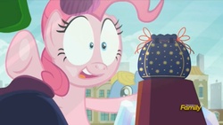 Size: 1659x938 | Tagged: safe, screencap, pinkie pie, g4, the gift of the maud pie, against glass, discovery family logo, glass, pouch, rock pouch, smiling, wide eyes