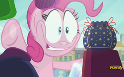 Size: 1679x1047 | Tagged: safe, screencap, pinkie pie, g4, the gift of the maud pie, against glass, discovery family logo, faic, glass, manehattan, meme origin, pinkie pie excited meme, pouch, rock pouch, window