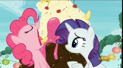 Size: 2521x1393 | Tagged: safe, screencap, pinkie pie, rarity, g4, the gift of the maud pie, discovery family logo, food, ice cream, sundae, tongue out