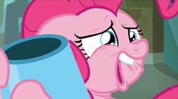 Size: 1577x881 | Tagged: safe, screencap, pinkie pie, g4, the gift of the maud pie, debating, faic, female, floppy ears, hug, lip bite, manehattan, party cannon, sad, sentimental value, solo, sweat
